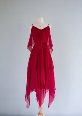 1970's RED FLAME Chiffon Party Dress / Small