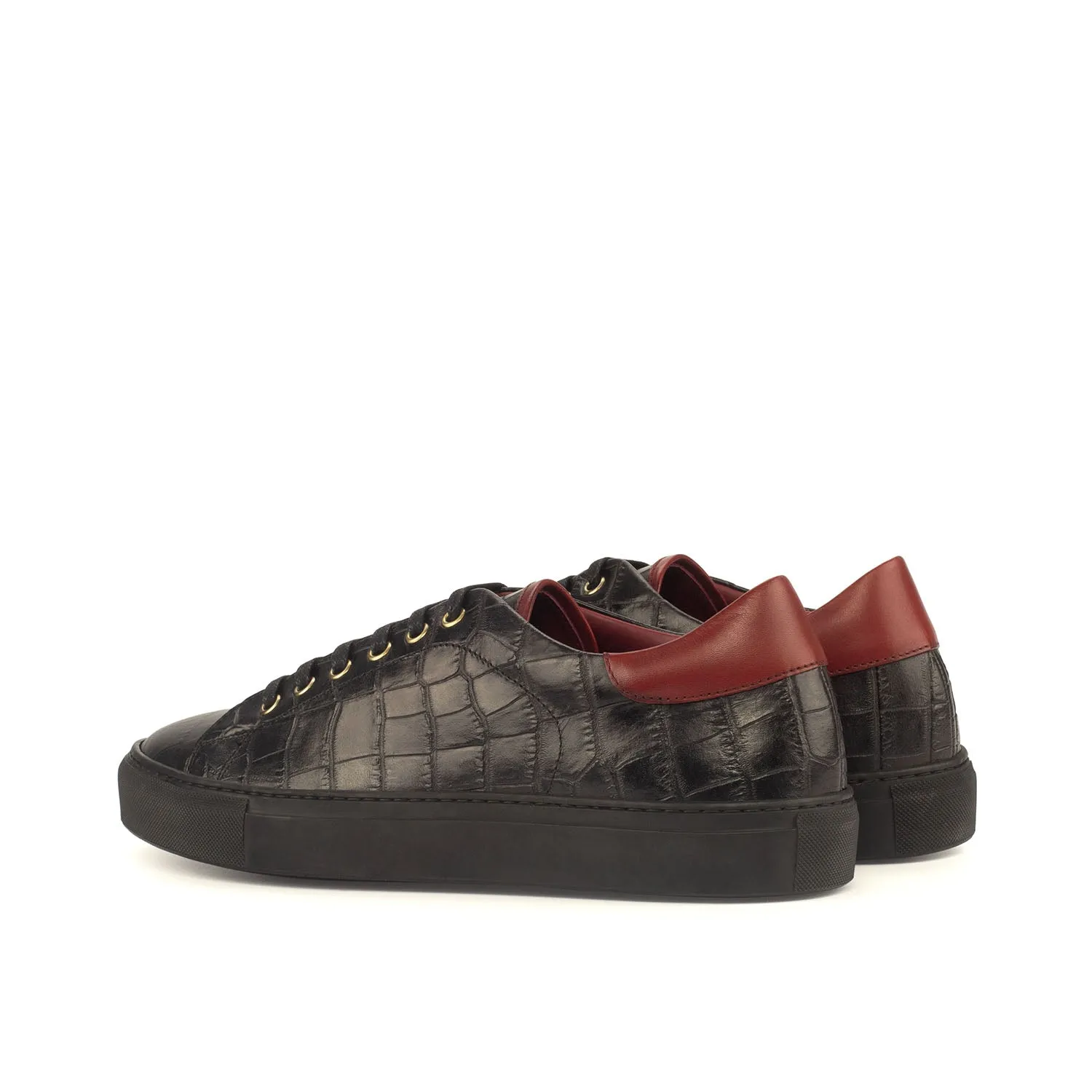 Ambrogio Bespoke Men's Handmade Custom Made Shoes Black & Red Crocodile Print / Calf-Skin Leather Casual Trainer Sneakers (AMB1257)