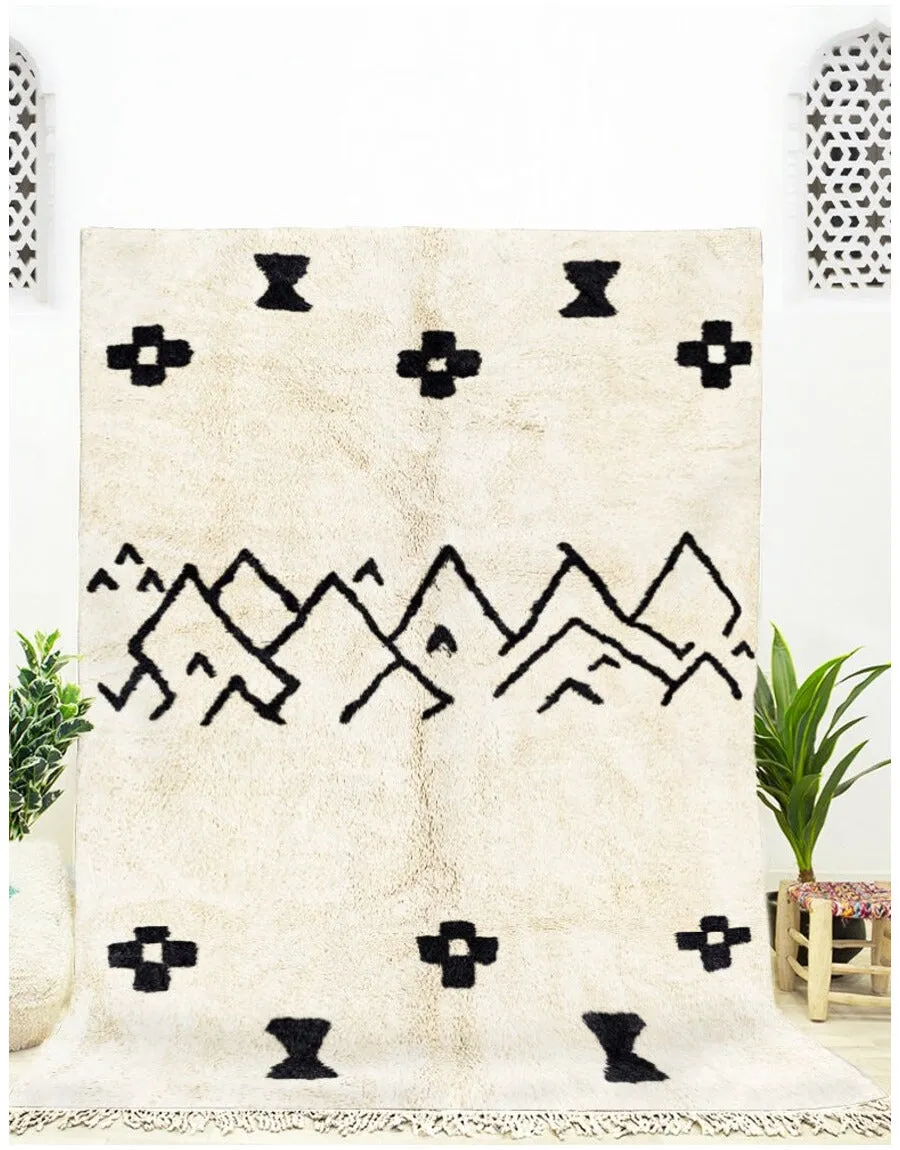 Authentic Moroccan Wool Cream and Black Beni Mrirt Rug