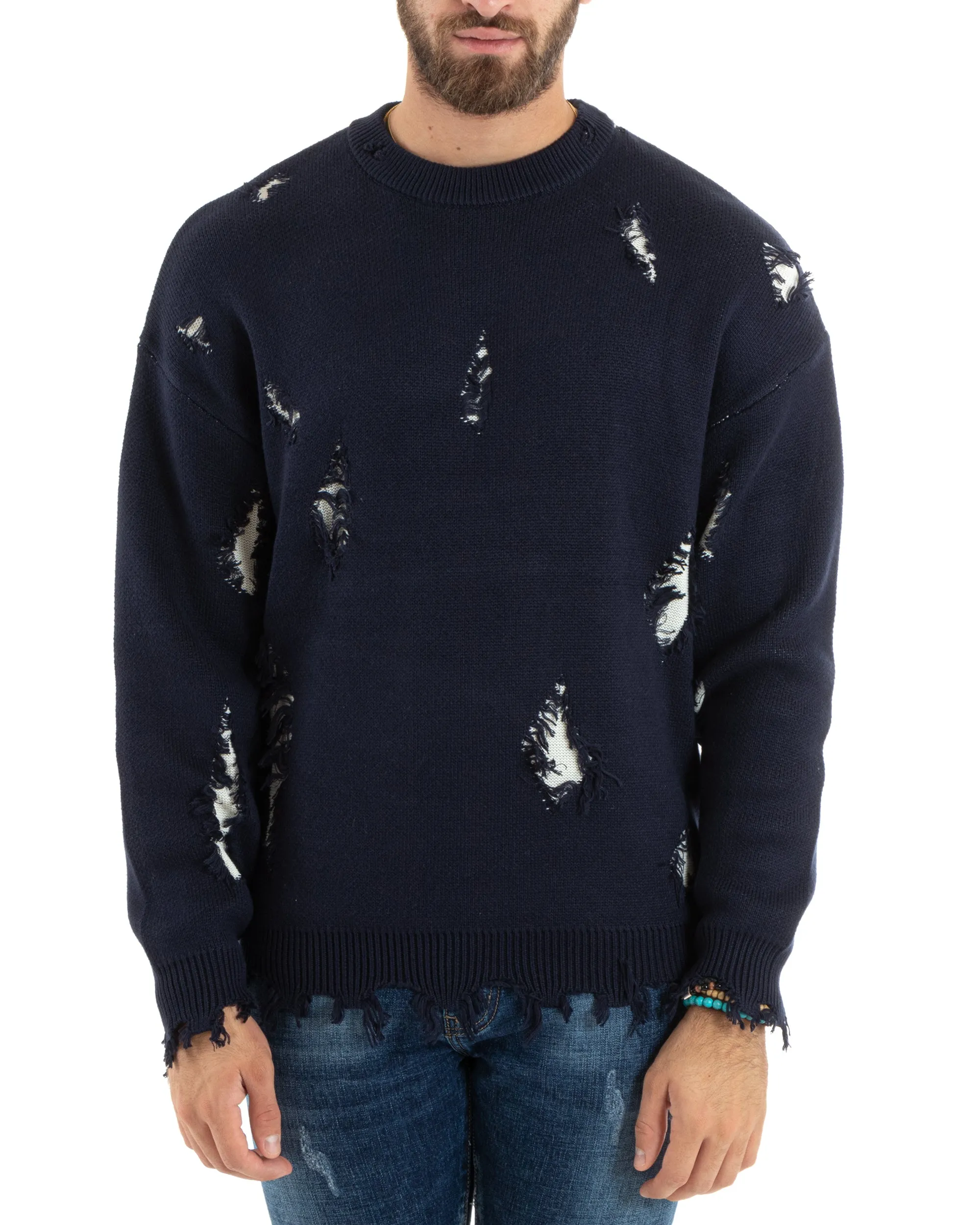 Maglioncino Uomo Girocollo Maglia Sfrangiata Blu Maglione Over Con Rotture GIOSAL-M2733A