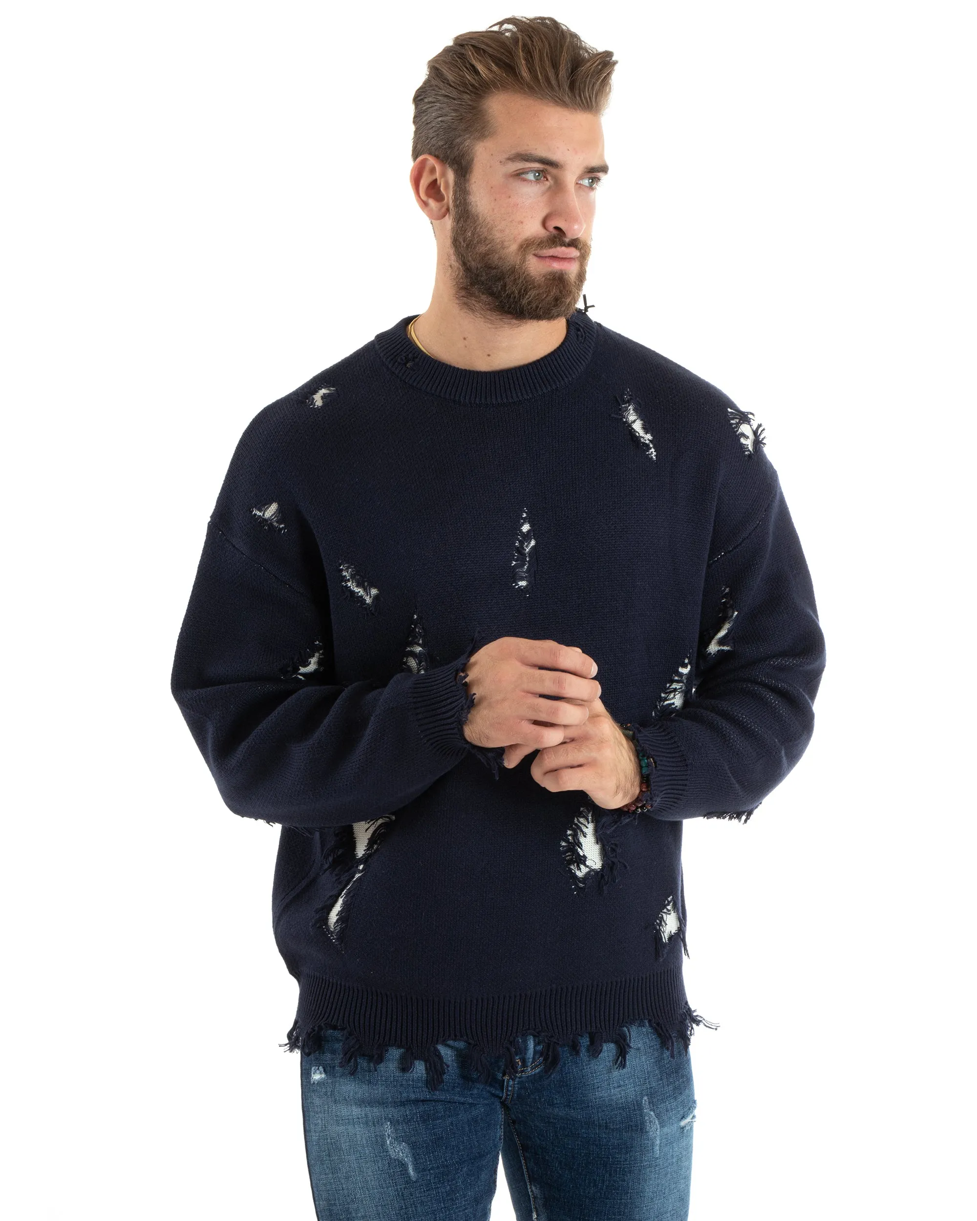 Maglioncino Uomo Girocollo Maglia Sfrangiata Blu Maglione Over Con Rotture GIOSAL-M2733A