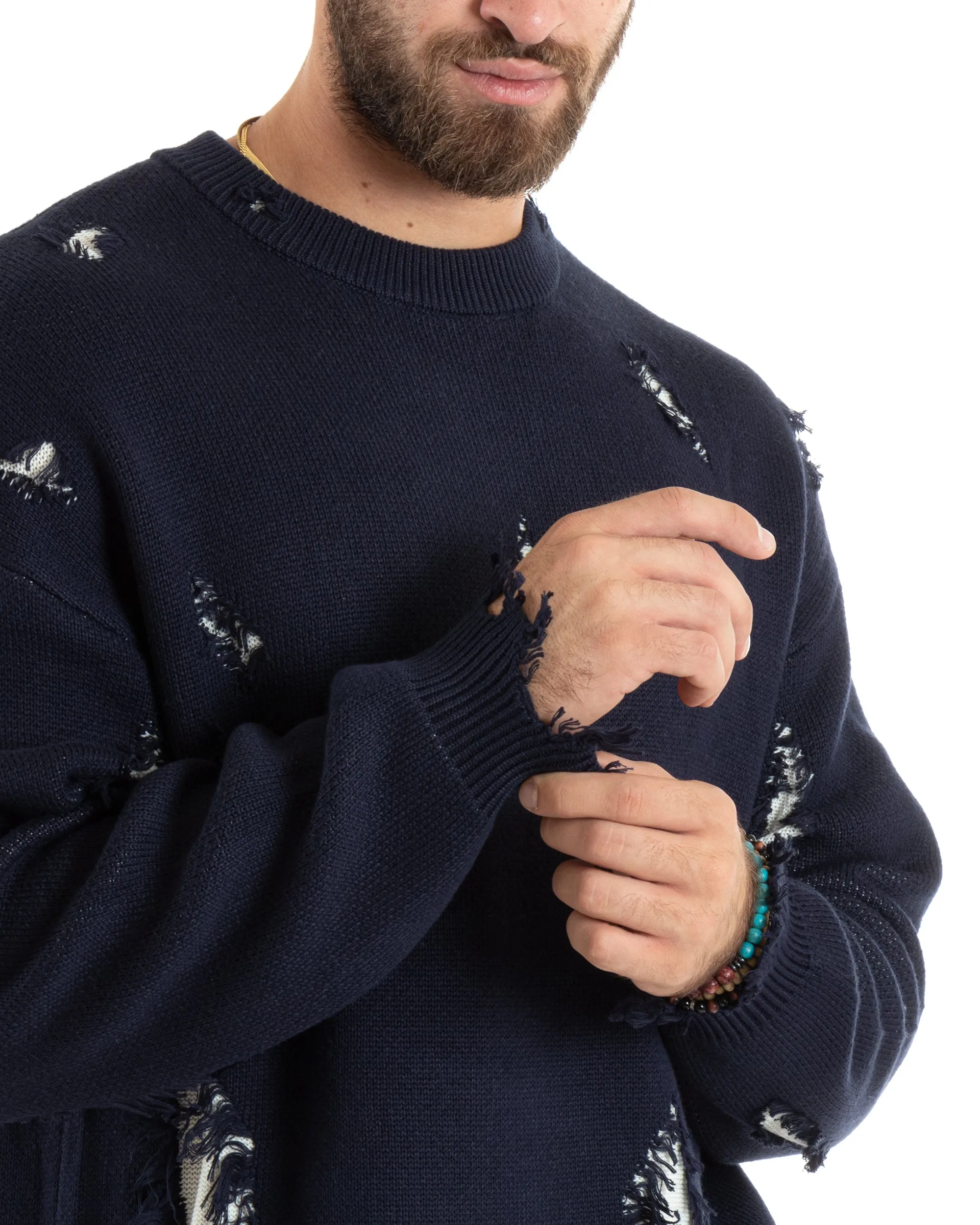 Maglioncino Uomo Girocollo Maglia Sfrangiata Blu Maglione Over Con Rotture GIOSAL-M2733A