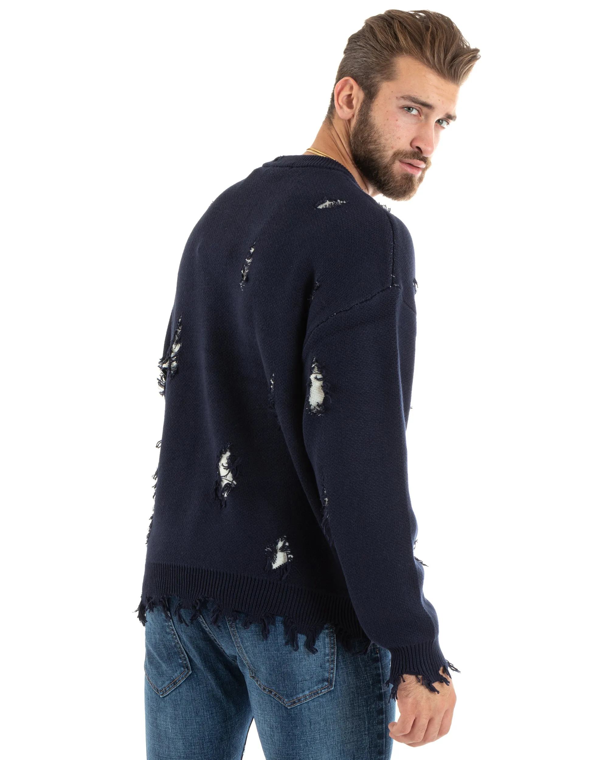 Maglioncino Uomo Girocollo Maglia Sfrangiata Blu Maglione Over Con Rotture GIOSAL-M2733A