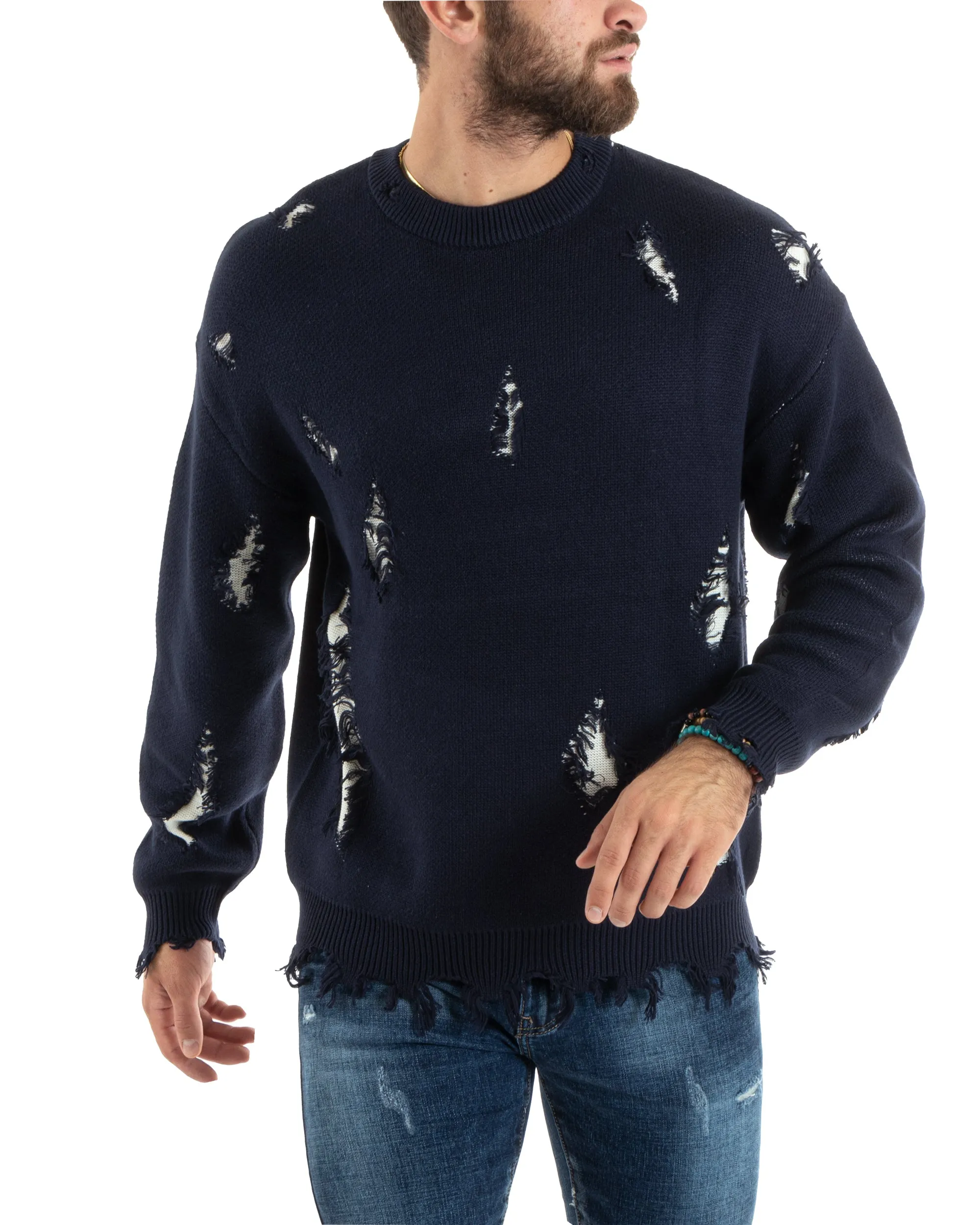 Maglioncino Uomo Girocollo Maglia Sfrangiata Blu Maglione Over Con Rotture GIOSAL-M2733A