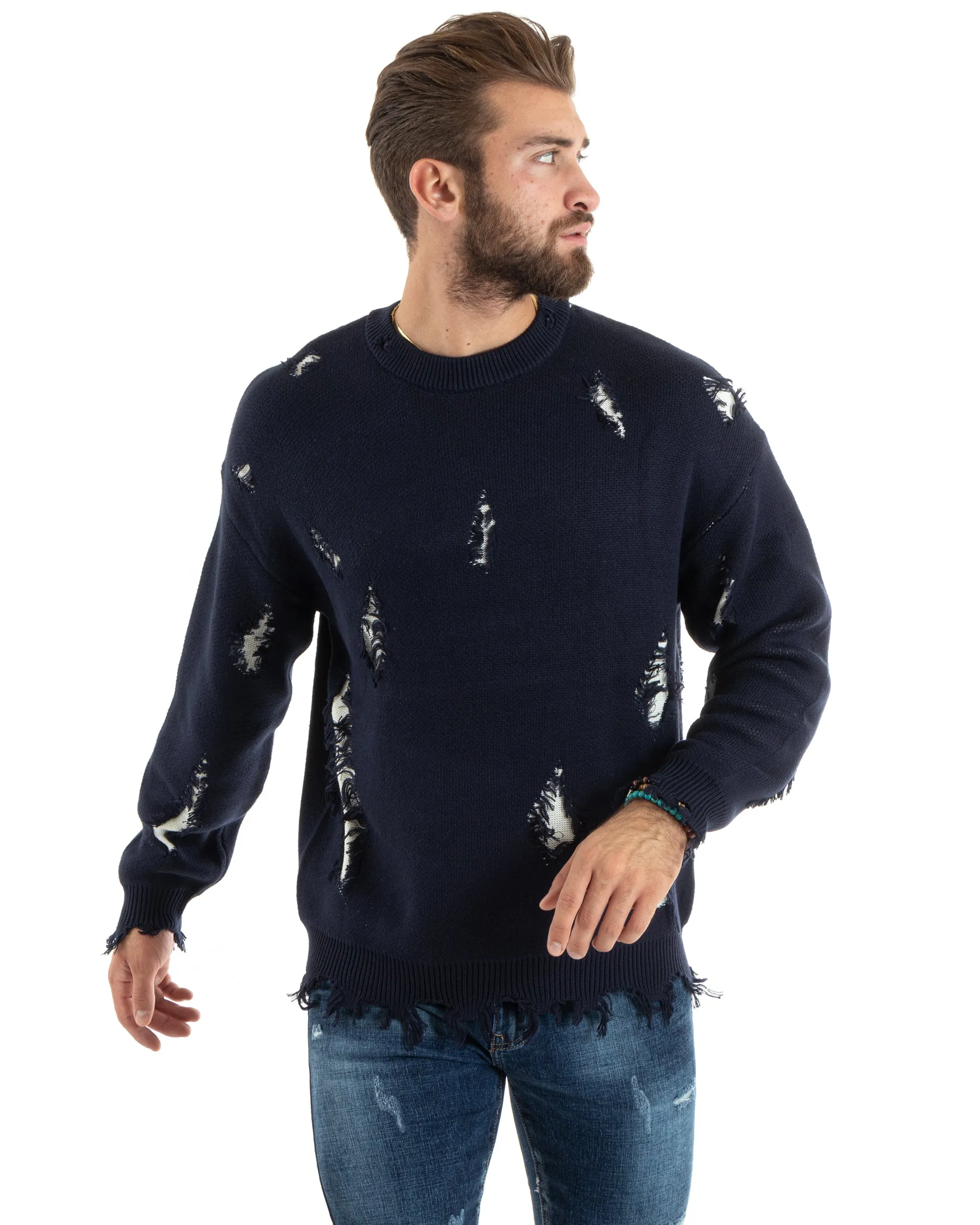 Maglioncino Uomo Girocollo Maglia Sfrangiata Blu Maglione Over Con Rotture GIOSAL-M2733A