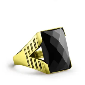 Men's Ring with Natural Black Onyx Gemstone in 14k Gold