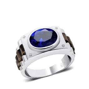 Men's Sapphire Wedding Ring in Solid 10k Gold with 4 Natural Diamonds Male Birthstone Gift