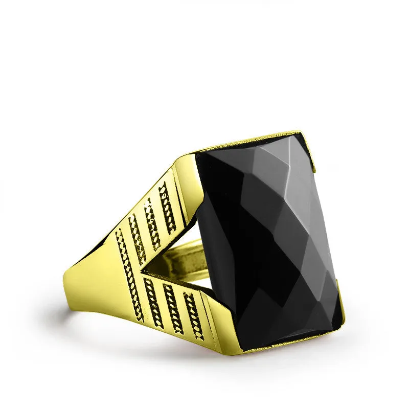 Men's Statement Ring in 10k Yellow Gold with Natural Black Onyx Stone