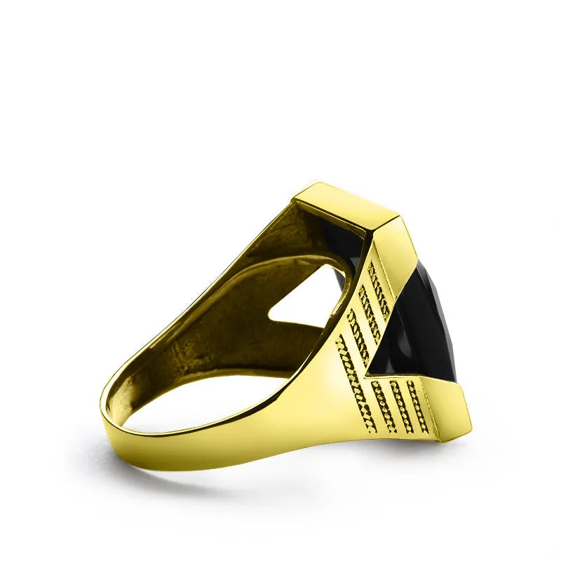 Men's Statement Ring in 10k Yellow Gold with Natural Black Onyx Stone