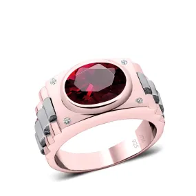 Solid Men's Ring Natural Diamonds and 4.50ct Oval Ruby Gold Plated Engagement Male Band